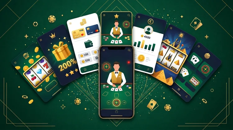 Meerdere app-schermen als waaier: slots, live casino, bonus en betalingen in donkergroen met goud.