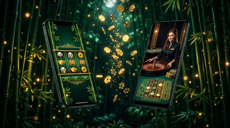 Twee smartphones met slotspel en live roulette in donkergroene bamboe-stijl voor de Bruno Casino app.