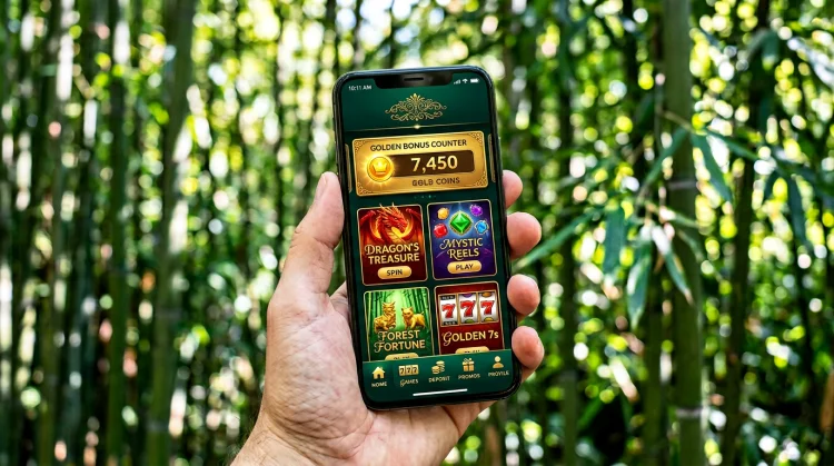 iPhone met fictief Bruno Casino-startscherm: smaragdgroene navigatie, bonusbalk en slot-thumbnails met bamboestijl.