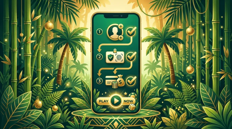 Stapsgewijze weergave van mobiel casino en installatie in groen-gouden Bruno-stijl.