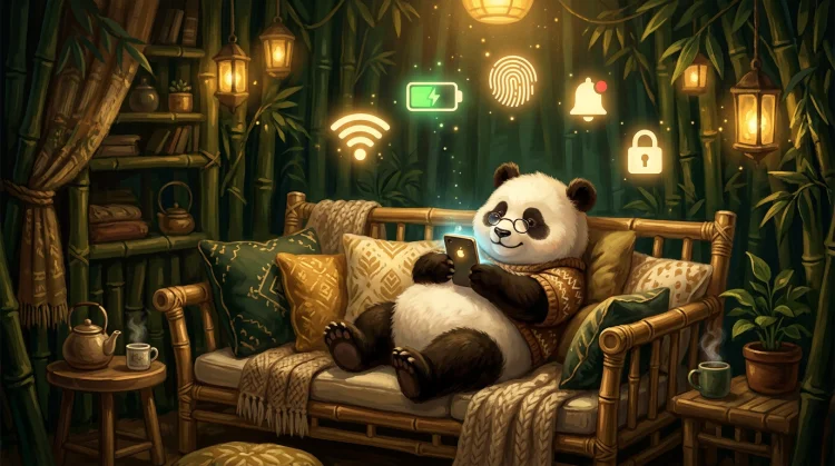 Panda op een bamboebank met smartphone; zwevende pictogrammen voor wifi, batterij, meldingen en slot.