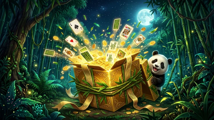Grote gouden geschenkdoos met bamboe, munten en speelkaarten als symbool voor het Bruno Casino bonussenoverzicht.