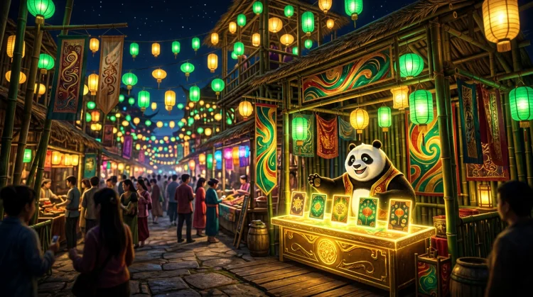 Feestelijke bamboemarkt bij nacht met smaragd- en goudlantaarns en een panda achter een gouden toonbank.