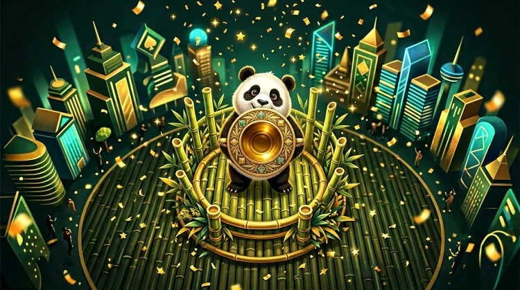 Panda met gouden trofee op een bamboe-podium; confetti en abstracte casinogebouwen op de achtergrond.