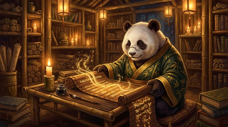 Panda met bril bestudeert een uitrollende bamboerol met gloeiende gouden lijnen over bonusvoorwaarden.