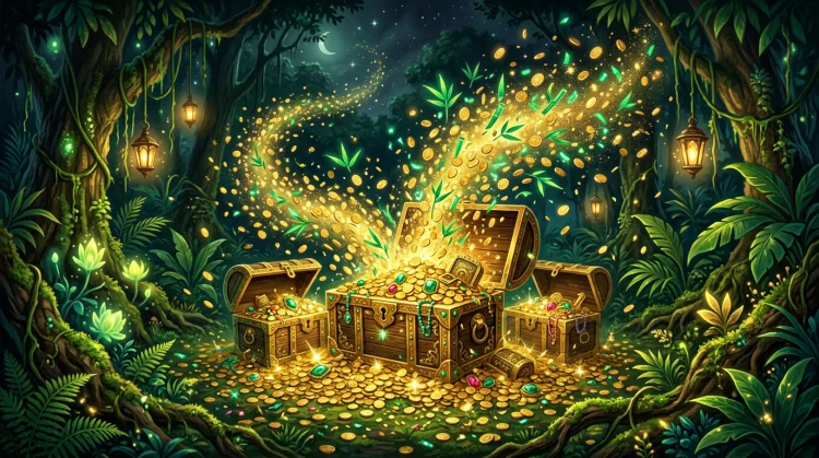 Geopende schatkisten en gouden munten met bamboeconfetti bij het welkomstpakket van Bruno Casino.