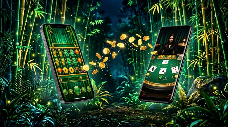 Twee smartphones in een donker smaragdbos met slotspel en live blackjack, gouden munten ertussen.