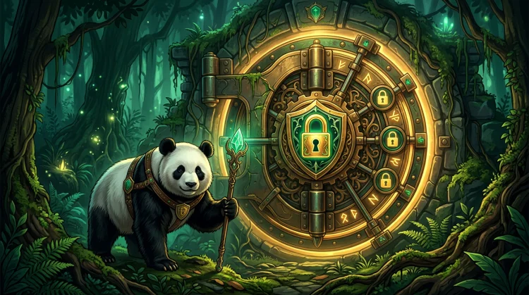 Panda bewaakt een gloeiende kluisdeur met slot- en schildsymbolen in een donkergroen bos met gouden licht.
