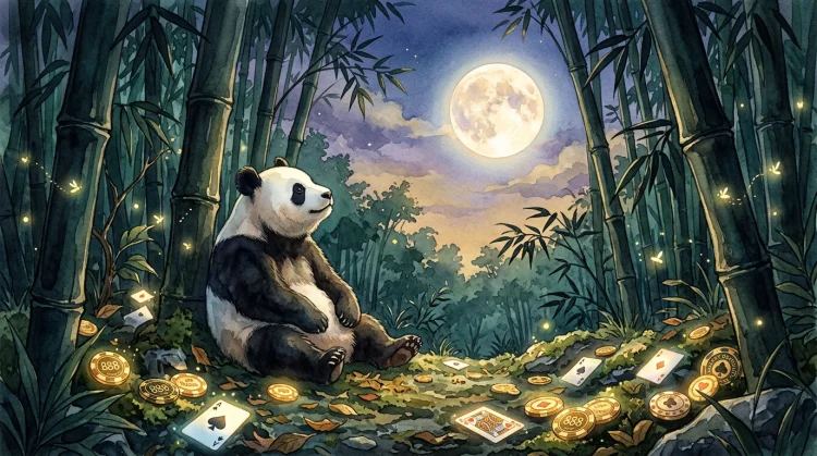 Rustige illustratie van een panda onder bamboe bij maanlicht met gloeiende vuurvliegjes, fiches en speelkaarten.