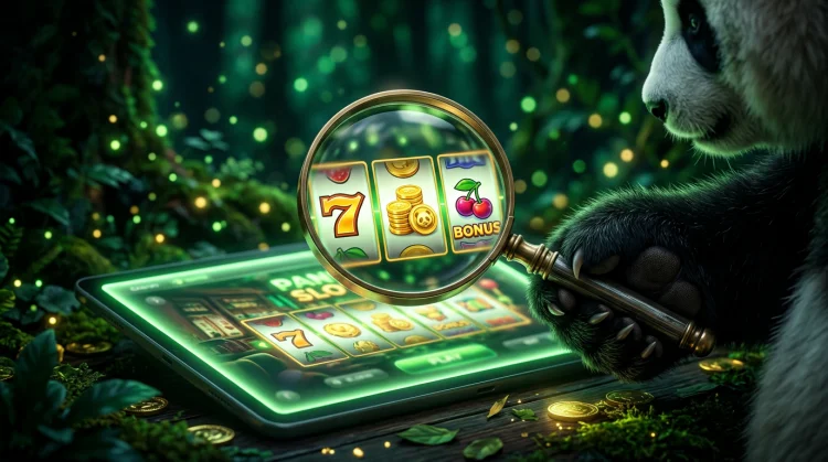 Pandapoot met vergrootglas boven een gloeiend casinoscherm met slotrollen en gouden munten in een donker smaragdgroen bos.