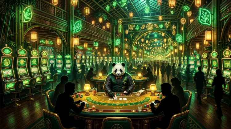 Fantasie bamboecasino vloer ’s nachts met gloeiende gokkasten, gouden accenten en een pandadealer aan de tafel.