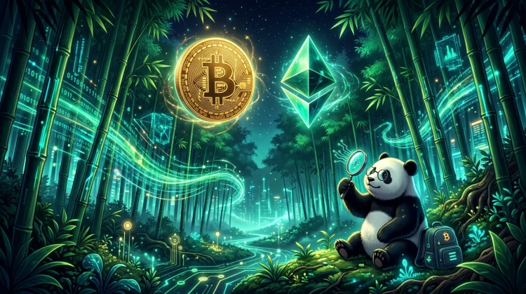 Bitcoin- en Ethereum-visuals met groene datastromen boven een bamboebos; panda met vergrootglas.