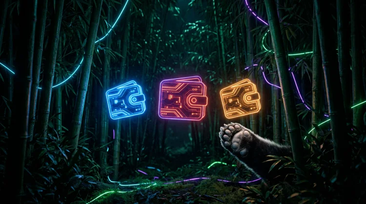 Drie gloeiende digitale portemonnees in een donker bamboebos; pandapoot reikt naar de lichten.