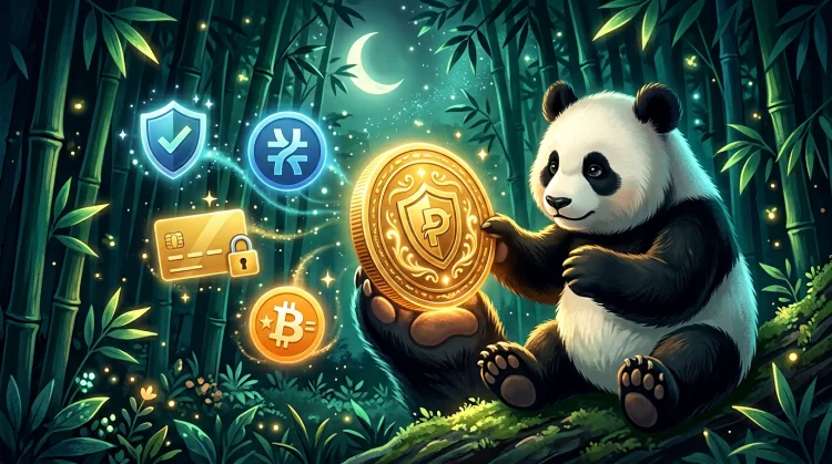Pandapoot met grote gouden munt en gloeiende betaaliconen in een smaragdgroen bamboewoud bij nacht.