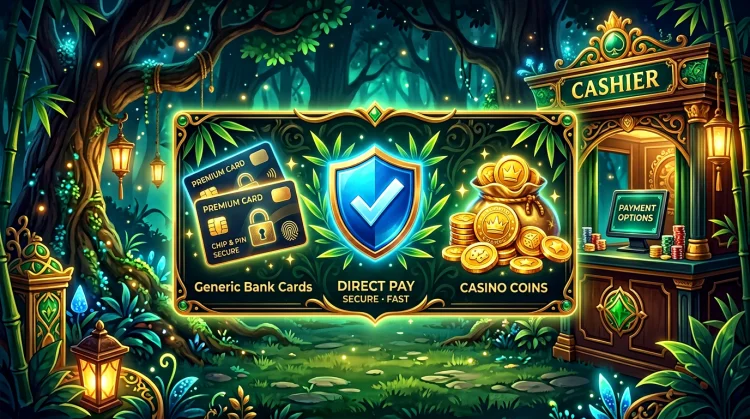 Overzicht van betaalmethodes bij Bruno Casino: munten, kaarten en bamboe-thema in smaragd en goud.