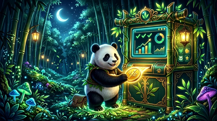 Panda haalt een gouden munt uit een bamboe-pinautomaat met gloeiende bevestigingsschermen in een nachtelijk bos.
