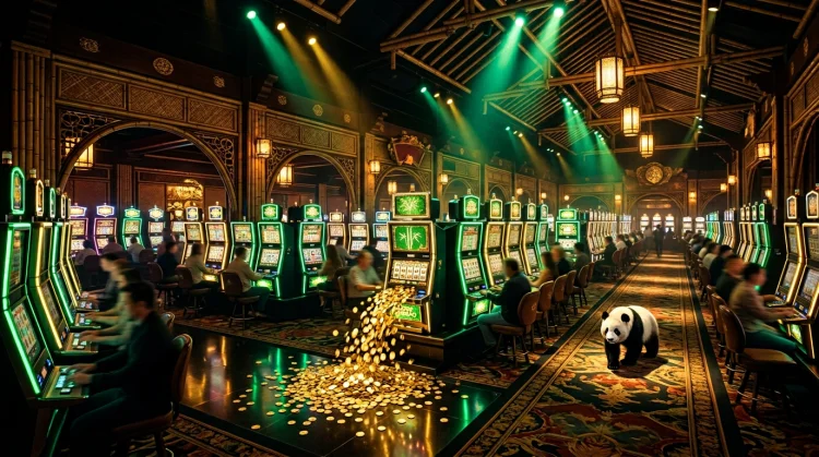 Panoramisch bamboe-casinointerieur met rijen gokkasten en gouden munten bij Bruno Casino slots.