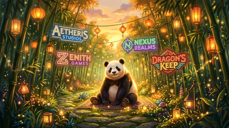 Bamboebos bij gouden uur met abstracte neon-lantaarns voor game-providers en een panda in het midden.