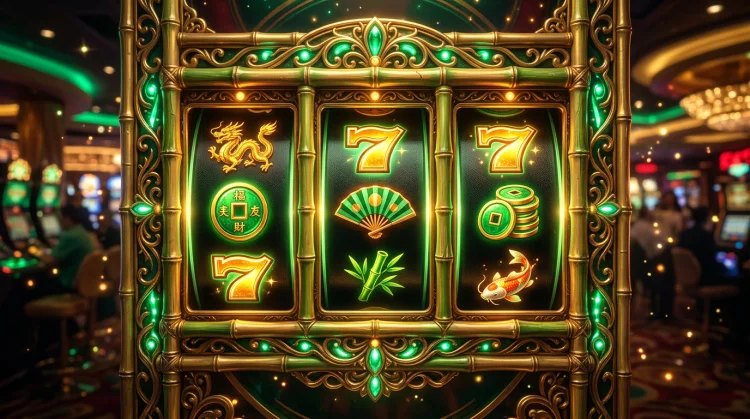 Close-up van gloeiende slotrollen met bamboe- en goudthema in de Bruno Casino slotlobby.