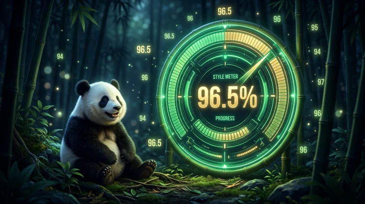 Infographic-stijl: panda naast een gloeiende RTP-meter in een donkergroen bamboebos.