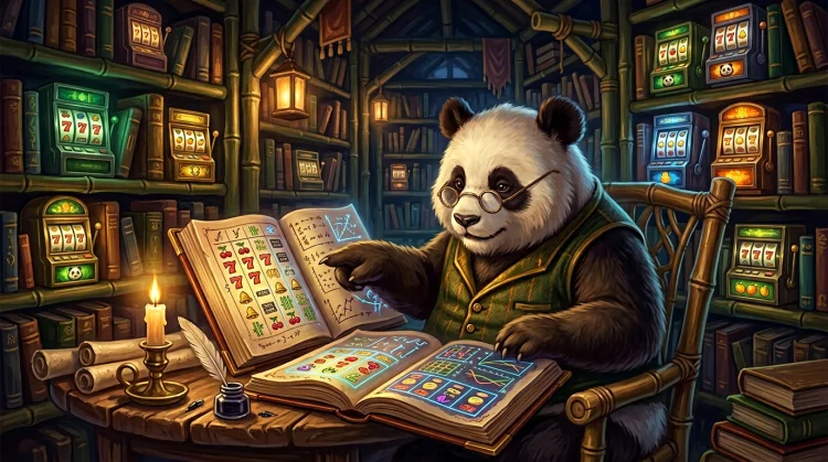 Oude wijze panda met bril in een bamboebibliotheek met gloeiende boeken over slots en RTP.